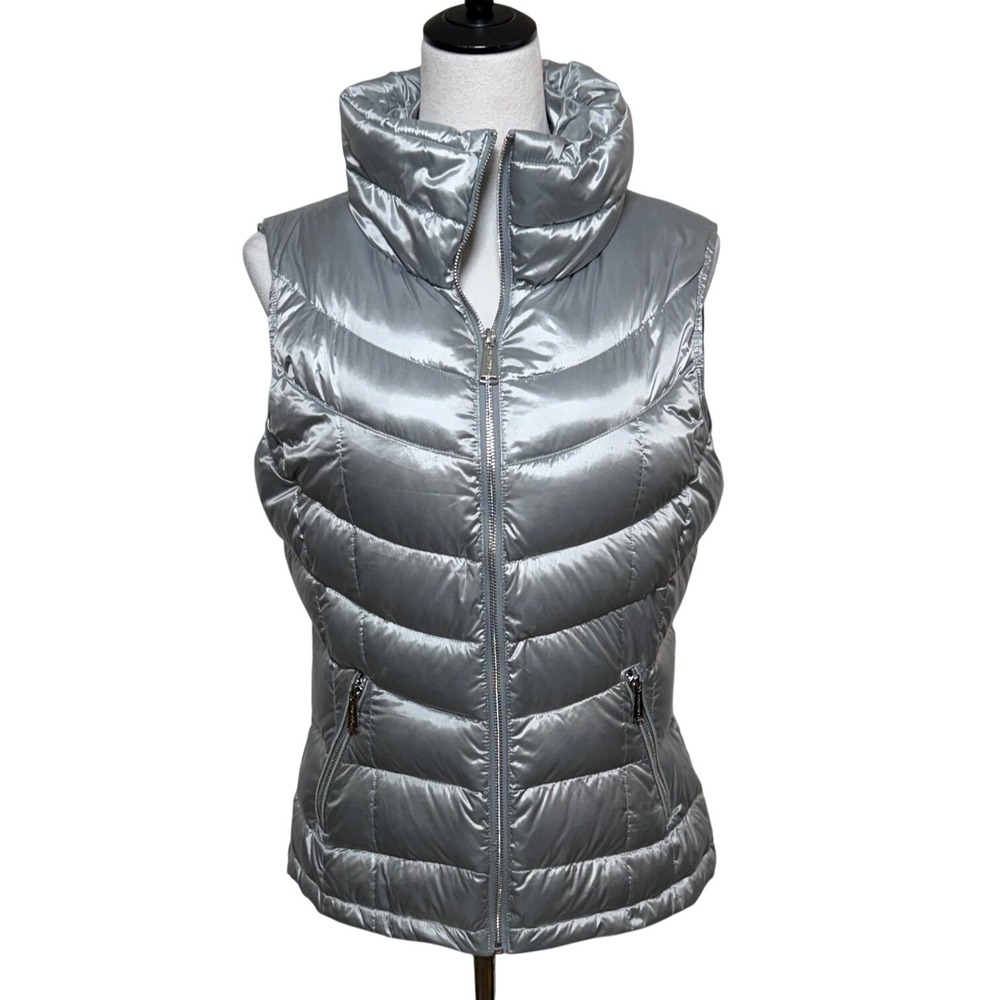 Calvin Klein Puffer Vest Womens Medium Silver Full Zip Quilted Down Sleeveless